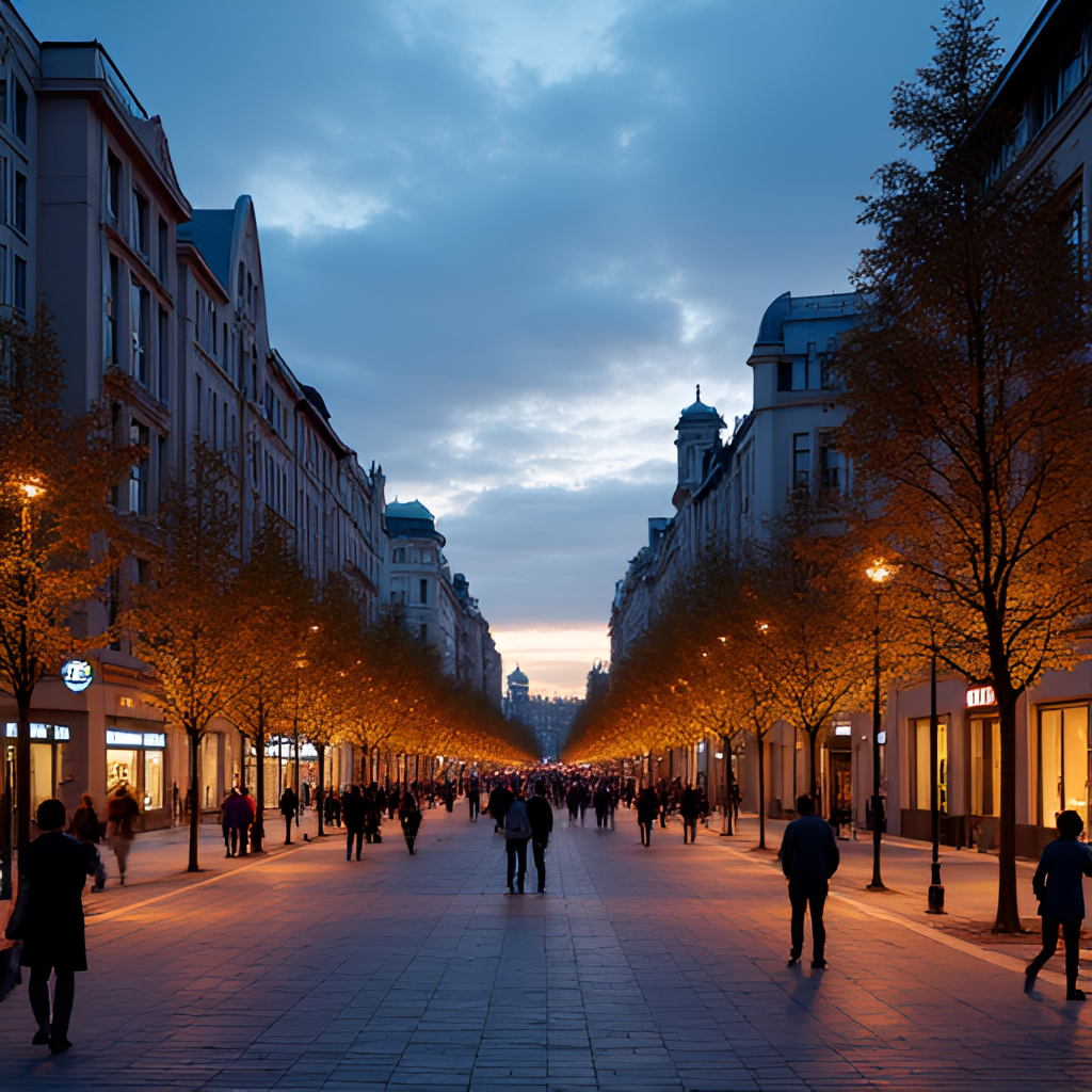 A hopeful image of a safe and vibrant Tampere cityscape at dusk, with well-lit streets, people enjoying public spaces safely, and a sense of calm and security, symbolizing the goal of collective safety efforts.