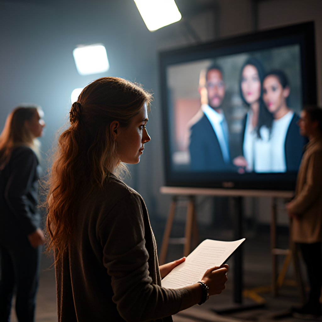 Sydney Sweeney working on a film set as a producer, reviewing a script or monitoring a scene on a screen, with crew members visible in the background. Documentary style.