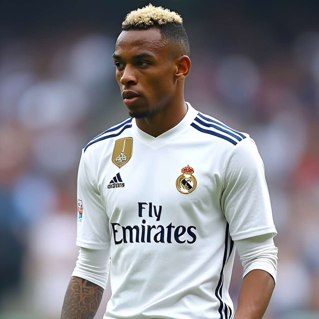 A portrait of Kylian Mbappé in his Real Madrid kit, looking determined and confident, perhaps holding a Real Madrid scarf or badge. Style: professional, focused, vibrant team colors.