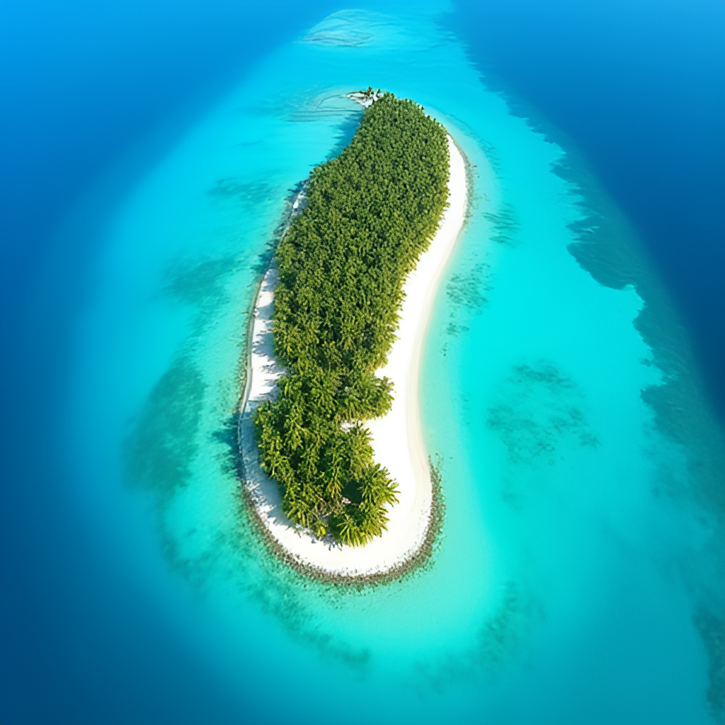 An aerial or drone shot showing a narrow, low-lying coral atoll island in Tuvalu with dense palm trees, surrounded by the turquoise waters of a lagoon on one side and the deep blue of the open ocean on the other, highlighting the island's vulnerability to sea level rise.