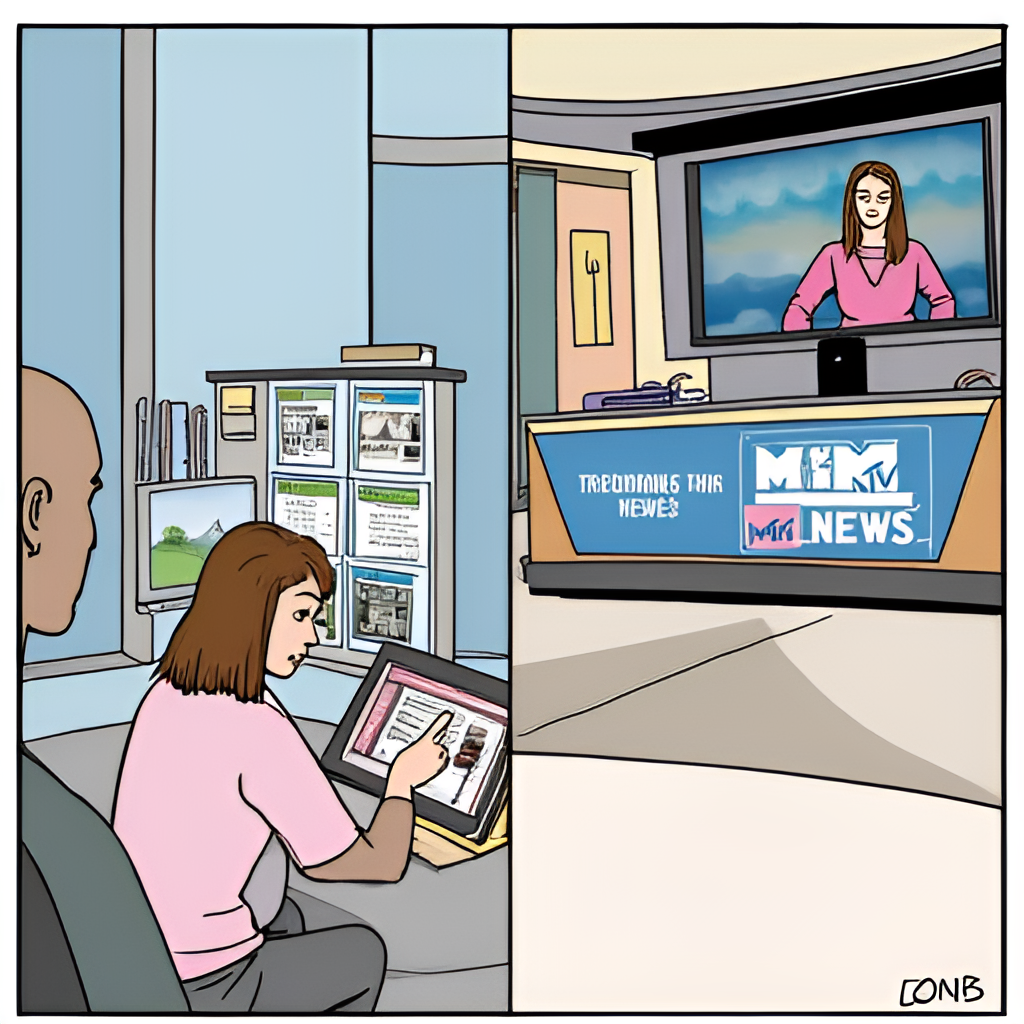 A split image or collage showing both a traditional television news broadcast studio with an anchor and a person reading news on a mobile phone or tablet, illustrating the blend of old and new media formats for MTV News. Style: Clean, illustrative.