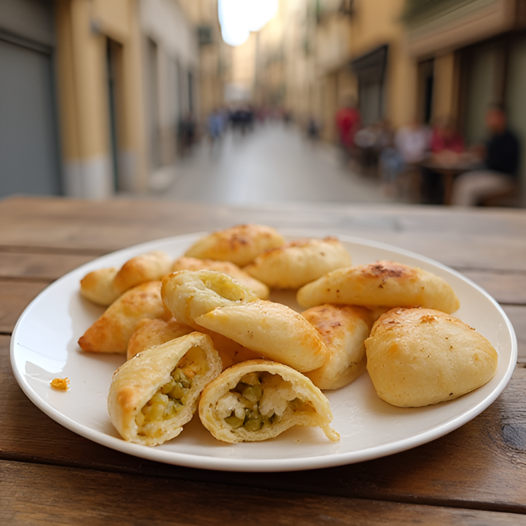 A plate of traditional Maltese pastizzi, some filled with peas and others with ricotta cheese, displayed on a rustic wooden table with a blurred background of a Maltese street scene.