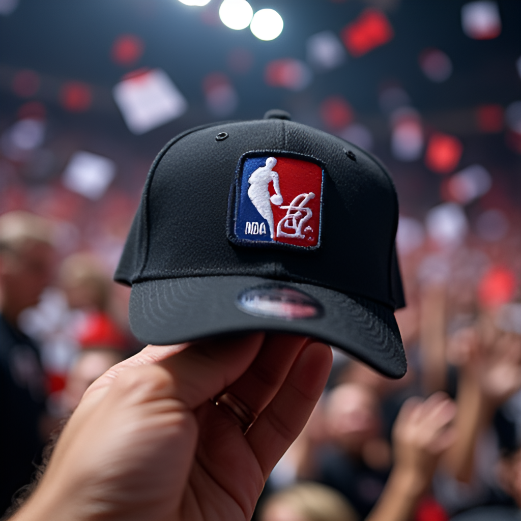 A close-up shot of a hand holding an NBA team cap, representing a player being drafted, with confetti falling and a cheering crowd in the background. Focus on the cap and the celebratory atmosphere.