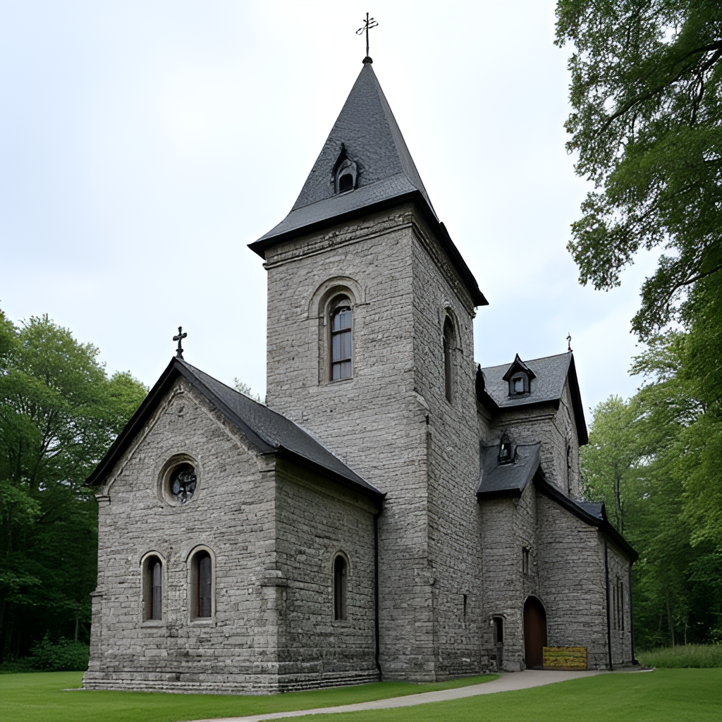 A close-up shot of the historic grey stone church of Hirvensalmi, designed by Josef Stenbäck, standing prominently against a backdrop of green trees.