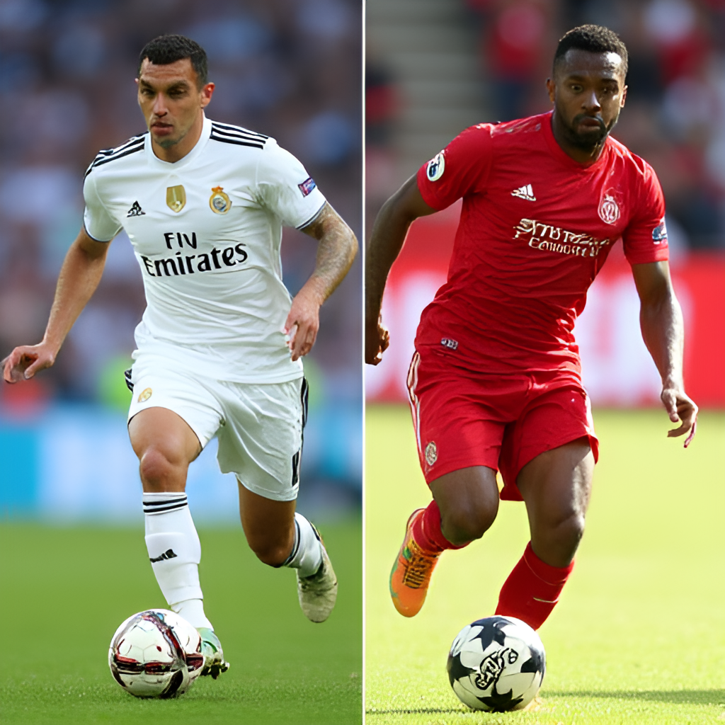 A split image or collage showing a powerful, technical Real Madrid player (like Vinícius Júnior) in action on one side, and a dynamic, pressing RB Salzburg player on the other, illustrating the contrasting playing styles.
