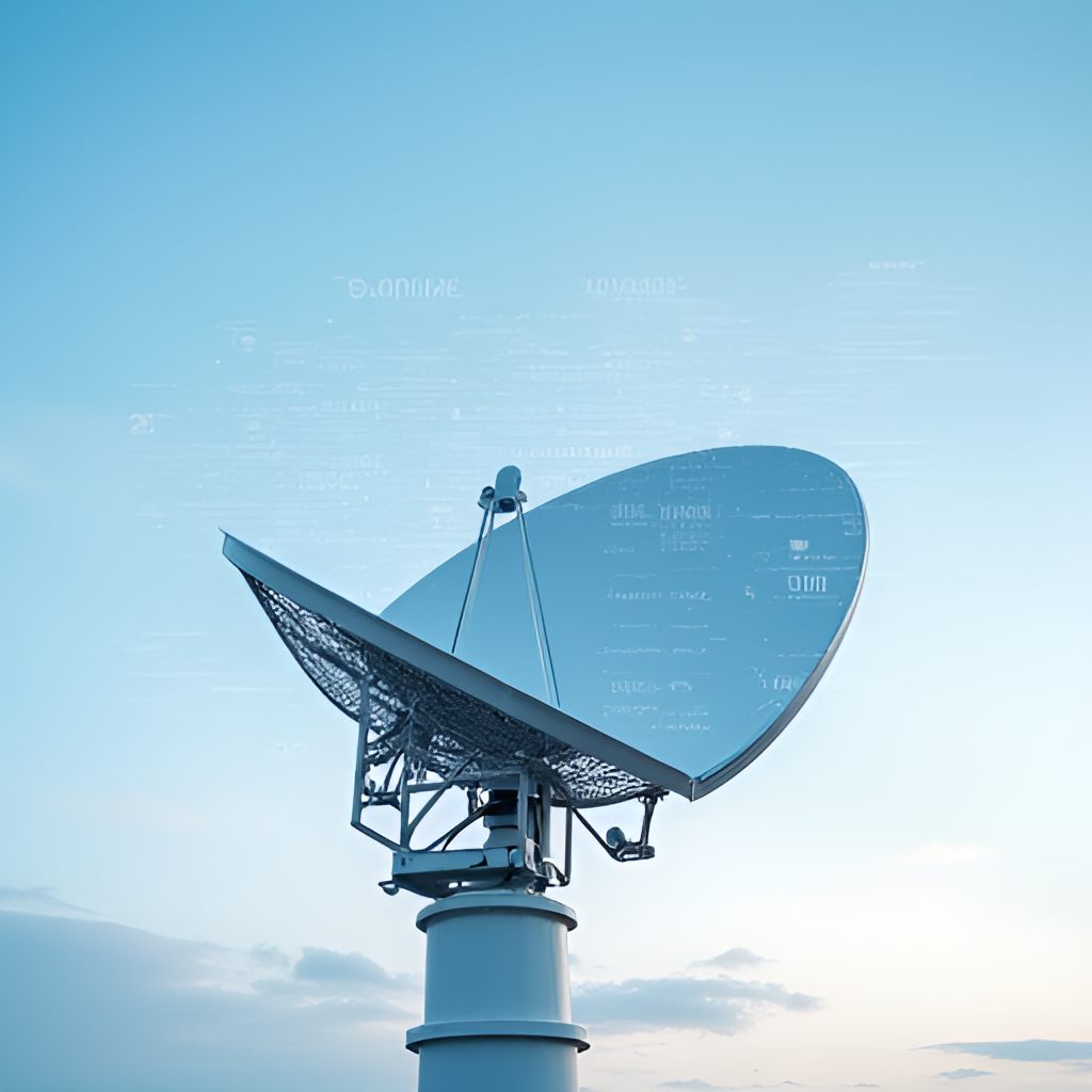 A modern meteorological radar dish against a sky background, perhaps with some stylized weather data overlays, representing advanced data collection technology.