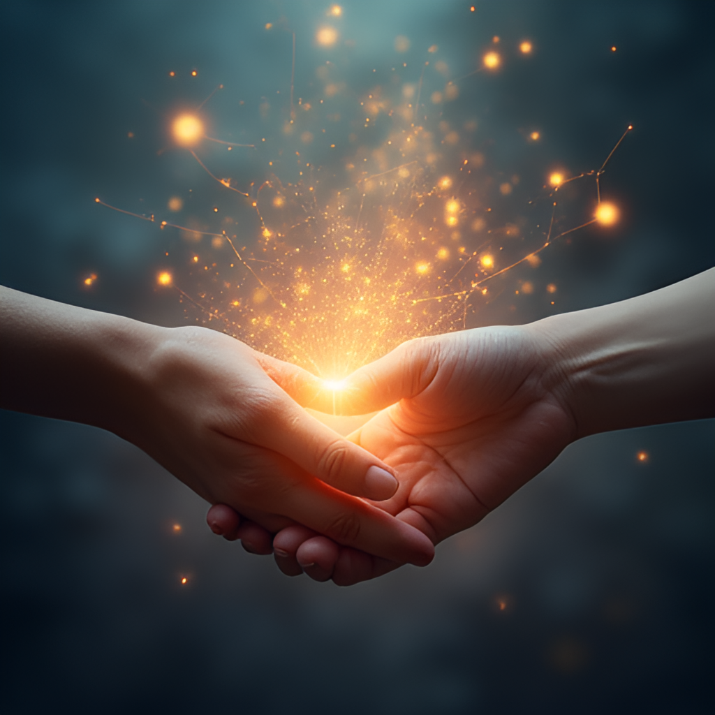 An abstract image representing community support and mental health. It could show intertwined hands or a network of light connecting people, symbolizing help and solidarity during a crisis.