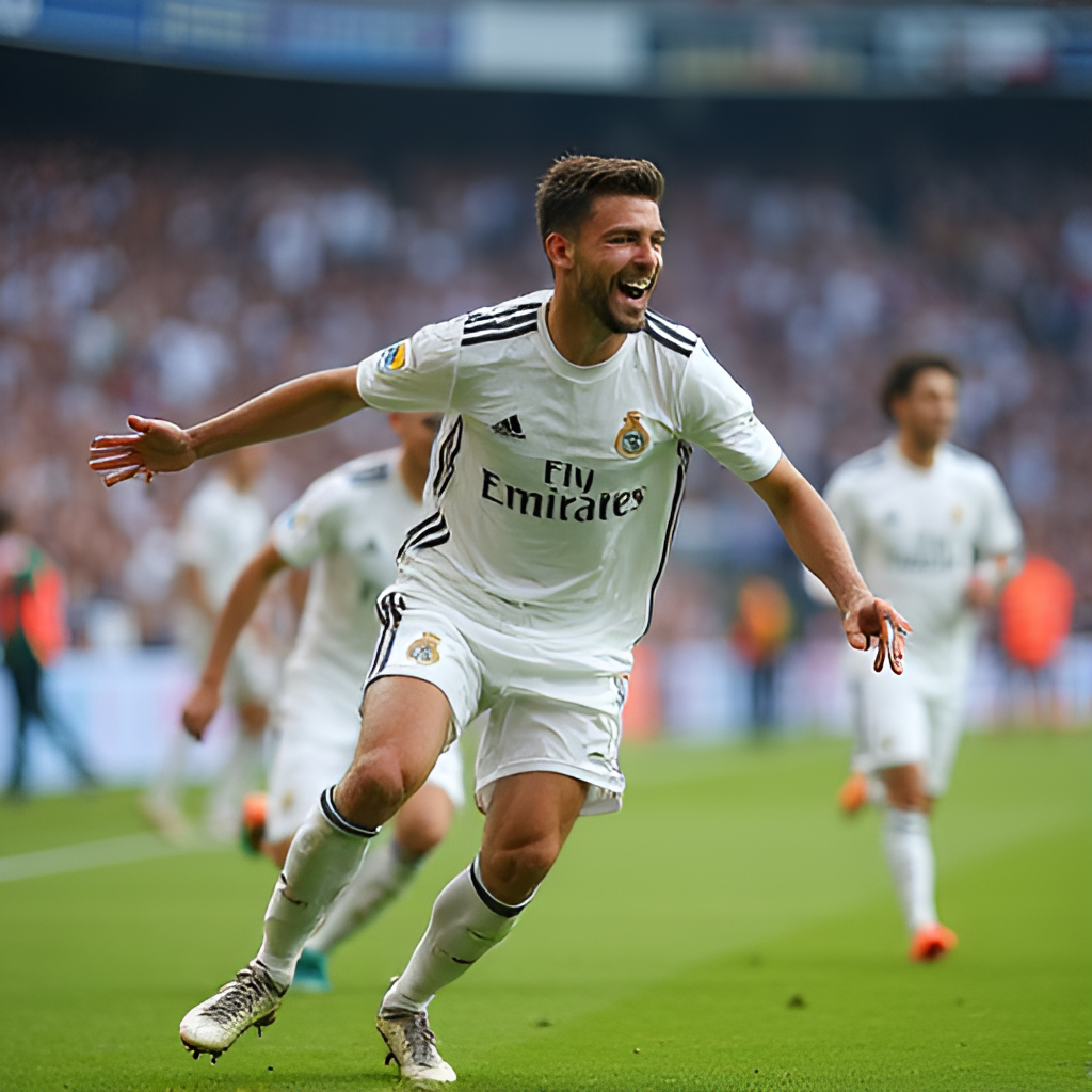 A dynamic action shot of a Real Madrid player celebrating a goal on the Santiago Bernabéu pitch, surrounded by cheering teammates and fans in the background, capturing energy and emotion, sports photography style.