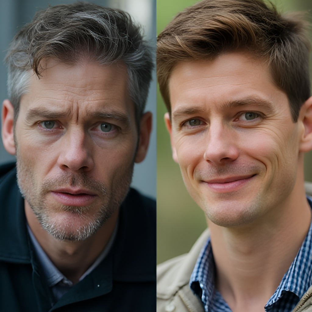 A collage or split image depicting James Norton in two contrasting roles: one from Happy Valley (e.g., stern, intense) and one from Grantchester (e.g., gentle, smiling), highlighting his versatility.