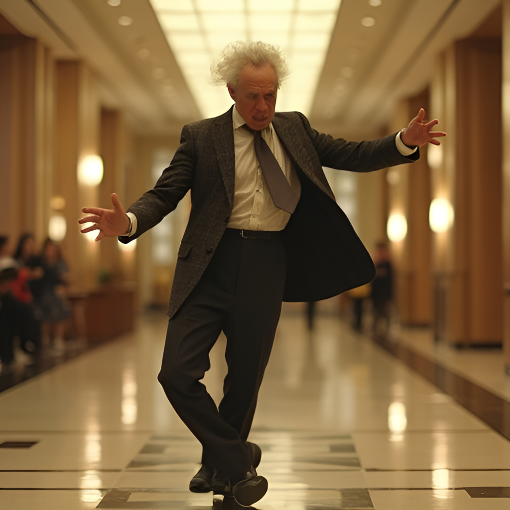 A dynamic full-body shot of Christopher Walken mid-dance, perhaps in a hotel lobby reminiscent of the 'Weapon of Choice' music video, showcasing his unique, angular movements. The background should be slightly blurred to keep focus on him. Style: Energetic, slightly surreal, capturing motion.