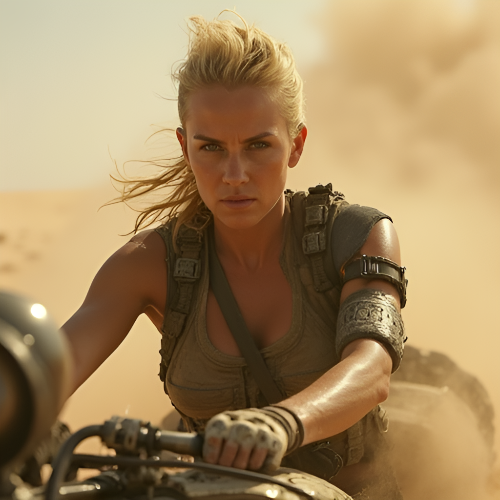 A dynamic close-up action shot of Imperator Furiosa (Charlize Theron's character) with a determined expression, her arm prosthetic visible, driving a large, custom-built war rig through a sandstorm. The image should convey power and resilience.