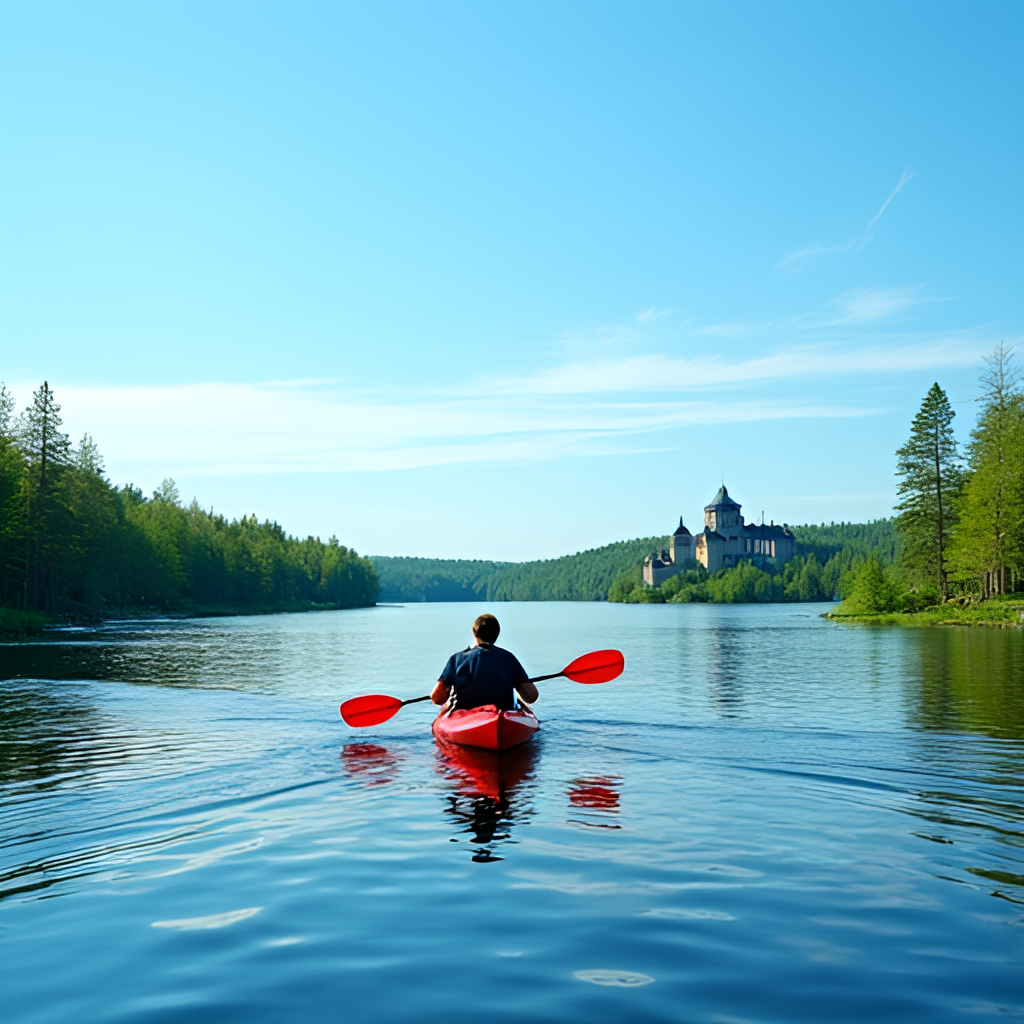 A vibrant photo of a person kayaking on a calm section of Lake Saimaa, surrounded by dense, green forest. In the distance, a historical castle (Olavinlinna inspired) is subtly visible. The sky is clear blue with some wispy clouds.
