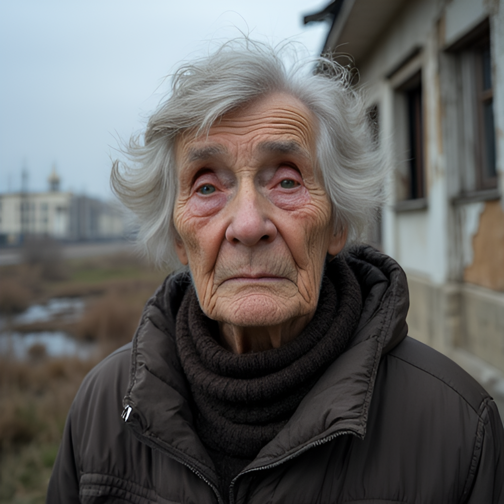 A close-up, empathetic portrait of a Ukrainian civilian, possibly elderly, showing resilience and weariness, in front of a partially damaged building in Donbas, capturing the human impact of the conflict.